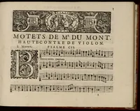 An illustration from Motets pour la chapelle du Roy, mis en musique, par Monsieur Du Mont abbé de Silly, & maistre de la musique, de ladite chapelle. Haute-contre de violon. (1686)