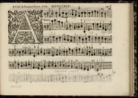 An illustration from Meslanges de sujets chrestiens, cantiques, litanies et motets. Mis en musique, à 2, 3, 4, & 5 parties, avec une Basse-continuë. Dediez à Madame la Duchesse d'Orleans. Par Estienne Moulinié de Languedoc, chef ordinaire de la musique de Son Altesse Royale Monseigneur le Duc d'Orleans. Basse-continue. (1658)