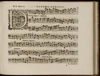 An illustration from Motets pour la chapelle du Roy, mis en musique, par Monsieur l'abbé Robert, maistre de la musique de ladite chapelle. Basse-continue pour l'orgue. (1684)