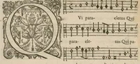 An illustration from Preces ecclesiasticae ad numeros musices redactae. Authore Eustachio Du Caurroy, Regiae Capellae musices praefecto.Reginae Margaretae dicatae. Liber secundus... Contra. (1609)