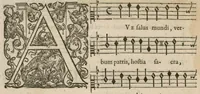 An illustration from Preces ecclesiasticae ad numeros musices redactae. Authore Eustachio Du Caurroy, Regiae Capellae musices praefecto.Reginae Margaretae dicatae. Liber secundus... Contra. (1609)