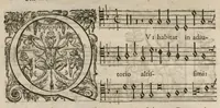 An illustration from Preces ecclesiasticae ad numeros musices redactae. Authore Eustachio Du Caurroy, Regiae Capellae musices praefecto.Reginae Margaretae dicatae. Liber secundus. Sexta pars (1609)