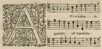 An illustration from Preces ecclesiasticae ad numeros musices redactae. Authore Eustachio Du Caurroy, Regiae Capellae musices praefecto.Reginae Margaretae dicatae. Liber secundus. Sexta pars (1609)