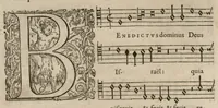 An illustration from Preces ecclesiasticae ad numeros musices redactae. Authore Eustachio Du Caurroy, Regiae Capellae musices praefecto.Reginae Margaretae dicatae. Liber secundus. Sexta pars (1609)