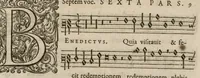 An illustration from Preces ecclesiasticae ad numeros musices redactae. Authore Eustachio Du Caurroy, Regiae Capellae musices praefecto.Reginae Margaretae dicatae. Liber secundus. Sexta pars (1609)