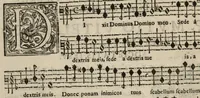 An illustration from Bassus. Davidica psalmodia vespertina integra, & bipartita, in totius anni festivitatibus quaternis vocibus ad novum ecclesiasticum modum, una cum litaniis beatæ Mariæ Virginis decantanda, et gravi ad organum parte depulsanda a Dominico Massentio ex Roncilione. S. Mariæ in Via Lata Beneficiatorum Collegii, decano primario. Nuper composita, et in lucem edita. Liber septimus, opus XVII. (1643)