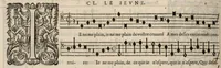 An illustration from Meslanges de la musique de Clau. Le Jeune a 4. 5. 6. 8. & 10. parties. Bassus. (1587)