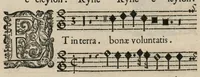 An illustration from Aeternae Henrici magni, gallorum, navarrorumque Regis potentissimi, ac Clementissimi memoriae. Et Ludovici justi : eius filii. Gallorum, navarrorumque Regis christianissimi, atque inuictissimi. Nicolaus Formé, regiae musicae praefectus. Missam hanc duobus choris ac quatuor voc. compositam, vovet et consecrat. Primus chorus. Superius. (1638)