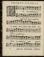 An illustration from Aeternae Henrici magni, gallorum, navarrorumque Regis potentissimi, ac Clementissimi memoriae. Et Ludovici justi : eius filii. Gallorum, navarrorumque Regis christianissimi, atque inuictissimi. Nicolaus Formé, regiae musicae praefectus. Missam hanc duobus choris ac quatuor voc. compositam, vovet et consecrat. Primus chorus. Superius. (1638)