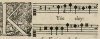 An illustration from Aeternae Henrici magni, gallorum, navarrorumque Regis potentissimi, ac Clementissimi memoriae. Et Ludovici justi : eius filii. Gallorum, navarrorumque Regis christianissimi, atque inuictissimi. Nicolaus Formé, regiae musicae praefectus. Missam hanc duobus choris ac quatuor voc. compositam, vovet et consecrat. Primus chorus. Contra. (1638)