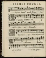 Picture 6 of 8 from Aeternae Henrici magni, gallorum, navarrorumque Regis potentissimi, ac Clementissimi memoriae. Et Ludovici justi : eius filii. Gallorum, navarrorumque Regis christianissimi, atque inuictissimi. Nicolaus Formé, regiae musicae praefectus. Missam hanc duobus choris ac quatuor voc. compositam, vovet et consecrat. Primus chorus. Contra. (1638), leaf 15