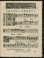 An illustration from Aeternae Henrici magni, gallorum, navarrorumque Regis potentissimi, ac Clementissimi memoriae. Et Ludovici justi : eius filii. Gallorum, navarrorumque Regis christianissimi, atque inuictissimi. Nicolaus Formé, regiae musicae praefectus. Missam hanc duobus choris ac quatuor voc. compositam, vovet et consecrat. Primus chorus. Tenor. (1638)