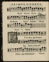 An illustration from Aeternae Henrici magni, gallorum, navarrorumque Regis potentissimi, ac Clementissimi memoriae. Et Ludovici justi : eius filii. Gallorum, navarrorumque Regis christianissimi, atque inuictissimi. Nicolaus Formé, regiae musicae praefectus. Missam hanc duobus choris ac quatuor voc. compositam, vovet et consecrat. Primus chorus. Tenor. (1638)