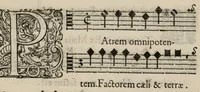 An illustration from Aeternae Henrici magni, gallorum, navarrorumque Regis potentissimi, ac Clementissimi memoriae. Et Ludovici justi : eius filii. Gallorum, navarrorumque Regis christianissimi, atque inuictissimi. Nicolaus Formé, regiae musicae praefectus. Missam hanc duobus choris ac quatuor voc. compositam, vovet et consecrat. Primus chorus. Tenor. (1638)