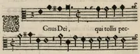 An illustration from Aeternae Henrici magni, gallorum, navarrorumque Regis potentissimi, ac Clementissimi memoriae. Et Ludovici justi : eius filii. Gallorum, navarrorumque Regis christianissimi, atque inuictissimi. Nicolaus Formé, regiae musicae praefectus. Missam hanc duobus choris ac quatuor voc. compositam, vovet et consecrat. Primus chorus. Tenor. (1638)