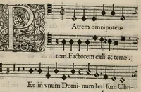 An illustration from Aeternae Henrici magni, gallorum, navarrorumque Regis potentissimi, ac Clementissimi memoriae. Et Ludovici justi : eius filii. Gallorum, navarrorumque Regis christianissimi, atque inuictissimi. Nicolaus Formé, regiae musicae praefectus. Missam hanc duobus choris ac quatuor voc. compositam, vovet et consecrat. Primus chorus. Bassus. (1638)