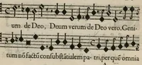 An illustration from Aeternae Henrici magni, gallorum, navarrorumque Regis potentissimi, ac Clementissimi memoriae. Et Ludovici justi : eius filii. Gallorum, navarrorumque Regis christianissimi, atque inuictissimi. Nicolaus Formé, regiae musicae praefectus. Missam hanc duobus choris ac quatuor voc. compositam, vovet et consecrat. Primus chorus. Bassus. (1638)