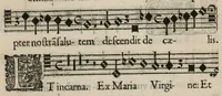 An illustration from Aeternae Henrici magni, gallorum, navarrorumque Regis potentissimi, ac Clementissimi memoriae. Et Ludovici justi : eius filii. Gallorum, navarrorumque Regis christianissimi, atque inuictissimi. Nicolaus Formé, regiae musicae praefectus. Missam hanc duobus choris ac quatuor voc. compositam, vovet et consecrat. Primus chorus. Bassus. (1638)