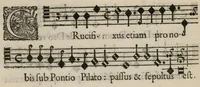 An illustration from Aeternae Henrici magni, gallorum, navarrorumque Regis potentissimi, ac Clementissimi memoriae. Et Ludovici justi : eius filii. Gallorum, navarrorumque Regis christianissimi, atque inuictissimi. Nicolaus Formé, regiae musicae praefectus. Missam hanc duobus choris ac quatuor voc. compositam, vovet et consecrat. Primus chorus. Bassus. (1638)