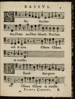 Picture 9 of 12 from Aeternae Henrici magni, gallorum, navarrorumque Regis potentissimi, ac Clementissimi memoriae. Et Ludovici justi : eius filii. Gallorum, navarrorumque Regis christianissimi, atque inuictissimi. Nicolaus Formé, regiae musicae praefectus. Missam hanc duobus choris ac quatuor voc. compositam, vovet et consecrat. Primus chorus. Bassus. (1638), leaf 18