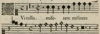 An illustration from Aeternae Henrici magni, gallorum, navarrorumque Regis potentissimi, ac Clementissimi memoriae. Et Ludovici justi : eius filii. Gallorum, navarrorumque Regis christianissimi, atque inuictissimi. Nicolaus Formé, regiae musicae praefectus. Missam hanc duobus choris ac quatuor voc. compositam, vovet et consecrat. Secundus chorus. Superius. (1638)