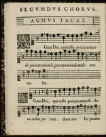 Picture 8 of 9 from Aeternae Henrici magni, gallorum, navarrorumque Regis potentissimi, ac Clementissimi memoriae. Et Ludovici justi : eius filii. Gallorum, navarrorumque Regis christianissimi, atque inuictissimi. Nicolaus Formé, regiae musicae praefectus. Missam hanc duobus choris ac quatuor voc. compositam, vovet et consecrat. Secundus chorus. Superius. (1638), leaf 19