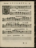 An illustration from Aeternae Henrici magni, gallorum, navarrorumque Regis potentissimi, ac Clementissimi memoriae. Et Ludovici justi : eius filii. Gallorum, navarrorumque Regis christianissimi, atque inuictissimi. Nicolaus Formé, regiae musicae praefectus. Missam hanc duobus choris ac quatuor voc. compositam, vovet et consecrat. Secundus chorus. Superius. (1638)