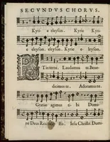 An illustration from Aeternae Henrici magni, gallorum, navarrorumque Regis potentissimi, ac Clementissimi memoriae. Et Ludovici justi : eius filii. Gallorum, navarrorumque Regis christianissimi, atque inuictissimi. Nicolaus Formé, regiae musicae praefectus. Missam hanc duobus choris ac quatuor voc. compositam, vovet et consecrat. Secundus chorus. Tenor. (1638)