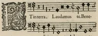 An illustration from Aeternae Henrici magni, gallorum, navarrorumque Regis potentissimi, ac Clementissimi memoriae. Et Ludovici justi : eius filii. Gallorum, navarrorumque Regis christianissimi, atque inuictissimi. Nicolaus Formé, regiae musicae praefectus. Missam hanc duobus choris ac quatuor voc. compositam, vovet et consecrat. Secundus chorus. Bassus. (1638)