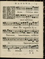 Picture 5 of 8 from Aeternae Henrici magni, gallorum, navarrorumque Regis potentissimi, ac Clementissimi memoriae. Et Ludovici justi : eius filii. Gallorum, navarrorumque Regis christianissimi, atque inuictissimi. Nicolaus Formé, regiae musicae praefectus. Missam hanc duobus choris ac quatuor voc. compositam, vovet et consecrat. Secundus chorus. Bassus. (1638), leaf 14