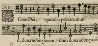 An illustration from Aeternae Henrici magni, gallorum, navarrorumque Regis potentissimi, ac Clementissimi memoriae. Et Ludovici justi : eius filii. Gallorum, navarrorumque Regis christianissimi, atque inuictissimi. Nicolaus Formé, regiae musicae praefectus. Missam hanc duobus choris ac quatuor voc. compositam, vovet et consecrat. Secundus chorus. Bassus. (1638)