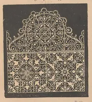 An illustration from Les singvliers et novveavx pourtraicts, du seigneur Federic Vinciolo Venitien, pour toutes sortes d'ouurages de lingerie. Dediela Royne: Derechef et povr la cinquiesme fois augmentez, outre le reseau premierle point couppé lacis de plusieurs beaux differents pourtraits de reseau de point compté, auec le nombre des mailles, choses non encore veuë ny inuentee (1588)