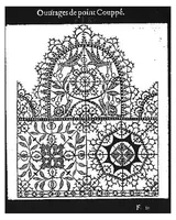 An illustration from Les singvliers et novveavx pourtraicts, du seigneur Federic Vinciolo Venitien, pour toutes sortes d'ouurages de lingerie. Dediela Royne: Derechef et povr la cinquiesme fois augmentez, outre le reseau premierle point couppé lacis de plusieurs beaux differents pourtraits de reseau de point compté, auec le nombre des mailles, choses non encore veuë ny inuentee (1588)