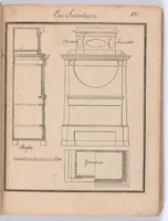 An illustration from Modell- und Masterbuch für Bau- und Möbel-Tischler : Enthaltend eine reichhaltige Sammlung geschmackvoller Abbildungen aller in der bürgerlichen und schönen Baukunst vorkommenden Gegenstände, als: Thüren, Fenster, Fensterladen, Thore, Treppen in Grund - und Profilrisssen, sowie der neuesten, elegantesten Londoner, Pariser, Wiener und Berliner Möbeln mit Grund-, Auf- und Profilrissen, besonders Secretairs oder Schreibschränke, Eck-, Porzellan-, Glas-, Wäsch- und Kleiderschränke, Commoden, Sopha's, alle Arten Stühle und Tische, Spiegel, Trumeaux, Consoles, Bettsponden, Wiegen, Waschtische, Uhrgehäuse etc. und aller übrigen Gegenstände, welche bei der Tischlerprofession vorkommen / Herausgegeben von Marius Wolfer (1829)