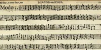 An illustration from [A composite music volume : containing Der Fluyten Lust-Hof, vol Psalmen, Paduanen, Allemanden, Couranten, Balletten, Airs, &c. konstigh en lieflik gefigureert, met veel veranderingen and 'T uitnemed kabinet, vol Pavanen, Almanden, Sarbanden, Couranten, Balletten, Intraden, Airs, &c. en de nieuwste voizen, om met 2 en 3 fioolen, of ander speel-tuigh te gebruiken] (1649)