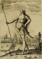 An illustration from Admiranda narratio fida tamen, de commodis et incolarvm ritibvs Virginiæ : nvper admodvm ab Anglis, qvi à Dn. Richardo Greinvile equestris ordinis viro eò in coloniam anno M.D. LXXXV. dedvcti svnt inventæ, svmtus faciente Dn. VValtero Raleigh equestris ordinis viro fodinarv stanni præfecto ex avctoritate serenissimæ reginæ Angliæ (1590)