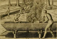 An illustration from Admiranda narratio fida tamen, de commodis et incolarvm ritibvs Virginiæ : nvper admodvm ab Anglis, qvi à Dn. Richardo Greinvile equestris ordinis viro eò in coloniam anno M.D. LXXXV. dedvcti svnt inventæ, svmtus faciente Dn. VValtero Raleigh equestris ordinis viro fodinarv stanni præfecto ex avctoritate serenissimæ reginæ Angliæ (1590)
