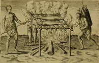An illustration from Admiranda narratio fida tamen, de commodis et incolarvm ritibvs Virginiæ : nvper admodvm ab Anglis, qvi à Dn. Richardo Greinvile equestris ordinis viro eò in coloniam anno M.D. LXXXV. dedvcti svnt inventæ, svmtus faciente Dn. VValtero Raleigh equestris ordinis viro fodinarv stanni præfecto ex avctoritate serenissimæ reginæ Angliæ (1590)