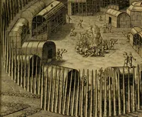 An illustration from Admiranda narratio fida tamen, de commodis et incolarvm ritibvs Virginiæ : nvper admodvm ab Anglis, qvi à Dn. Richardo Greinvile equestris ordinis viro eò in coloniam anno M.D. LXXXV. dedvcti svnt inventæ, svmtus faciente Dn. VValtero Raleigh equestris ordinis viro fodinarv stanni præfecto ex avctoritate serenissimæ reginæ Angliæ (1590)