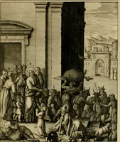 An illustration from Adnotationes et meditationes in Evangelia qvae in sacrosancto Missae sacrificio toto anno legvntur : cum Evangeliorvm concordantia historiae integritati sufficienti : accessit & index historiam ipsam euangelicam in ordinem temporis vitae Christi distribuens (1595)