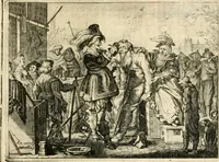 An illustration from Adr. vande Vennes Tafereel van de belacchende werelt : en des selfs geluckige eeuwe, goet rondt, met by-gevoegde raedsel-spreucken, aengevvesen in de boer-achtige eenvoudigheyt, op de haegsche kermis : verciert met konst-rijcke af-beeldingen (1635)