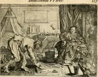 An illustration from Adr. vande Vennes Tafereel van de belacchende werelt : en des selfs geluckige eeuwe, goet rondt, met by-gevoegde raedsel-spreucken, aengevvesen in de boer-achtige eenvoudigheyt, op de haegsche kermis : verciert met konst-rijcke af-beeldingen (1635)