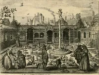 An illustration from Adr. vande Vennes Tafereel van de belacchende werelt : en des selfs geluckige eeuwe, goet rondt, met by-gevoegde raedsel-spreucken, aengevvesen in de boer-achtige eenvoudigheyt, op de haegsche kermis : verciert met konst-rijcke af-beeldingen (1635)