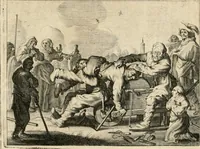 An illustration from Adr. vande Vennes Tafereel van de belacchende werelt : en des selfs geluckige eeuwe, goet rondt, met by-gevoegde raedsel-spreucken, aengevvesen in de boer-achtige eenvoudigheyt, op de haegsche kermis : verciert met konst-rijcke af-beeldingen (1635)