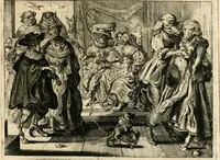 An illustration from Adr. vande Vennes Tafereel van de belacchende werelt : en des selfs geluckige eeuwe, goet rondt, met by-gevoegde raedsel-spreucken, aengevvesen in de boer-achtige eenvoudigheyt, op de haegsche kermis : verciert met konst-rijcke af-beeldingen (1635)