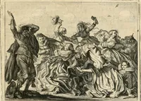 An illustration from Adr. vande Vennes Tafereel van de belacchende werelt : en des selfs geluckige eeuwe, goet rondt, met by-gevoegde raedsel-spreucken, aengevvesen in de boer-achtige eenvoudigheyt, op de haegsche kermis : verciert met konst-rijcke af-beeldingen (1635)