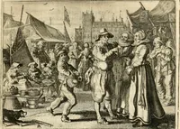 An illustration from Adr. vande Vennes Tafereel van de belacchende werelt : en des selfs geluckige eeuwe, goet rondt, met by-gevoegde raedsel-spreucken, aengevvesen in de boer-achtige eenvoudigheyt, op de haegsche kermis : verciert met konst-rijcke af-beeldingen (1635)