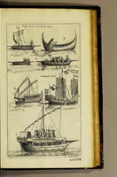 An illustration from Aeloude en hedendaegsche scheeps-bouw en bestier: : waer in wijtloopigh wert verhandelt de wijze van scheeps-timmeren, by Grieken en Romeynen: scheeps-oeffeningen, strijden, tucht, straffe, wetten, en gewoonten. Beneffens evenmatige grootheden van schepen onses tijts, ontleet in alle hare deelen: verschil van bouwen tusschen uitheemschen en onzen landaert, Indisch vaertuygh: galey-bouw: hedendaegsche scheeps-plichten: verrijckt met een reex verklaerde zee-mans spreeck-woorden en benamingen. Doorgaens mit vele kopere platen. (1671)