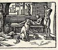 An illustration from Aesopi Phrygis Fabvlae : elegantissimis eiconibus ueras animalium species ad uiuum adumbrantes. Gabriae Graeci Fabellae XXXXIIII. Batrachomyomáchia Homeri, hoc est, Ranarum & murium pugna. Galeōmyomachía, hoc est, Felium & murium pugna, tragoedia graeca : haec omnia cum Latina interpretatione (1551)