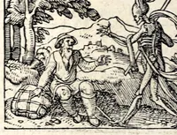 An illustration from Aesopi Phrygis Fabvlae : elegantissimis eiconibus ueras animalium species ad uiuum adumbrantes. Gabriae Graeci Fabellae XXXXIIII. Batrachomyomáchia Homeri, hoc est, Ranarum & murium pugna. Galeōmyomachía, hoc est, Felium & murium pugna, tragoedia graeca : haec omnia cum Latina interpretatione (1551)